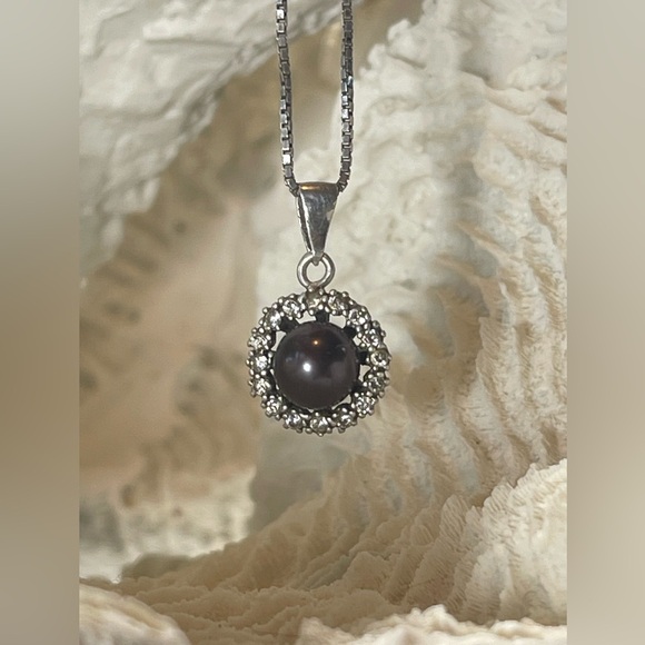 Stunning 925 Italian Sterling Silver Genuine Black Grey Pearl wDiamonds Necklace - Picture 6 of 13
